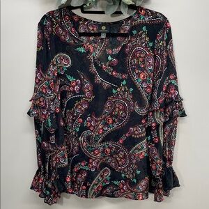 NWOT JM Collection Ruffle Long Sleeve Floral Paisley V-neck Blouse L